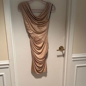 bebe One Shoulder Tan Draped Dress